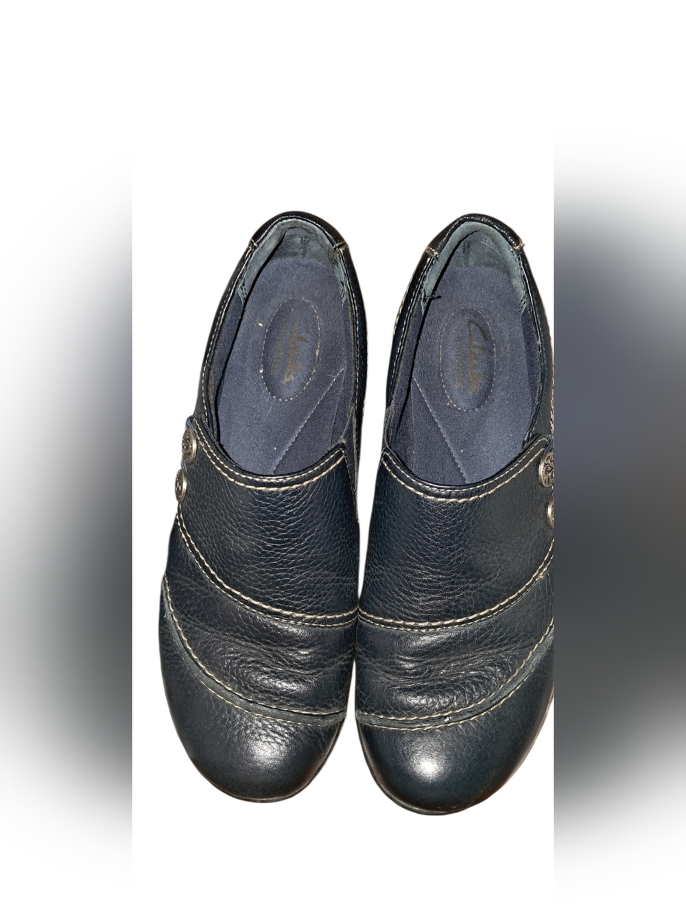 Clarks Navy Leather Slip-On Loafers with Contrast Stitching and Button Detail - Picture 3 of 4